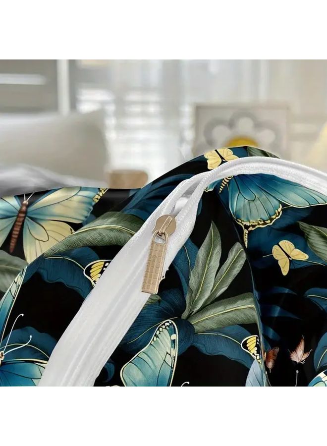 Navy Blue Queen Size Brushed Polyester Duvet Cover Set With Pillowcases Butterfly Print - Image 5